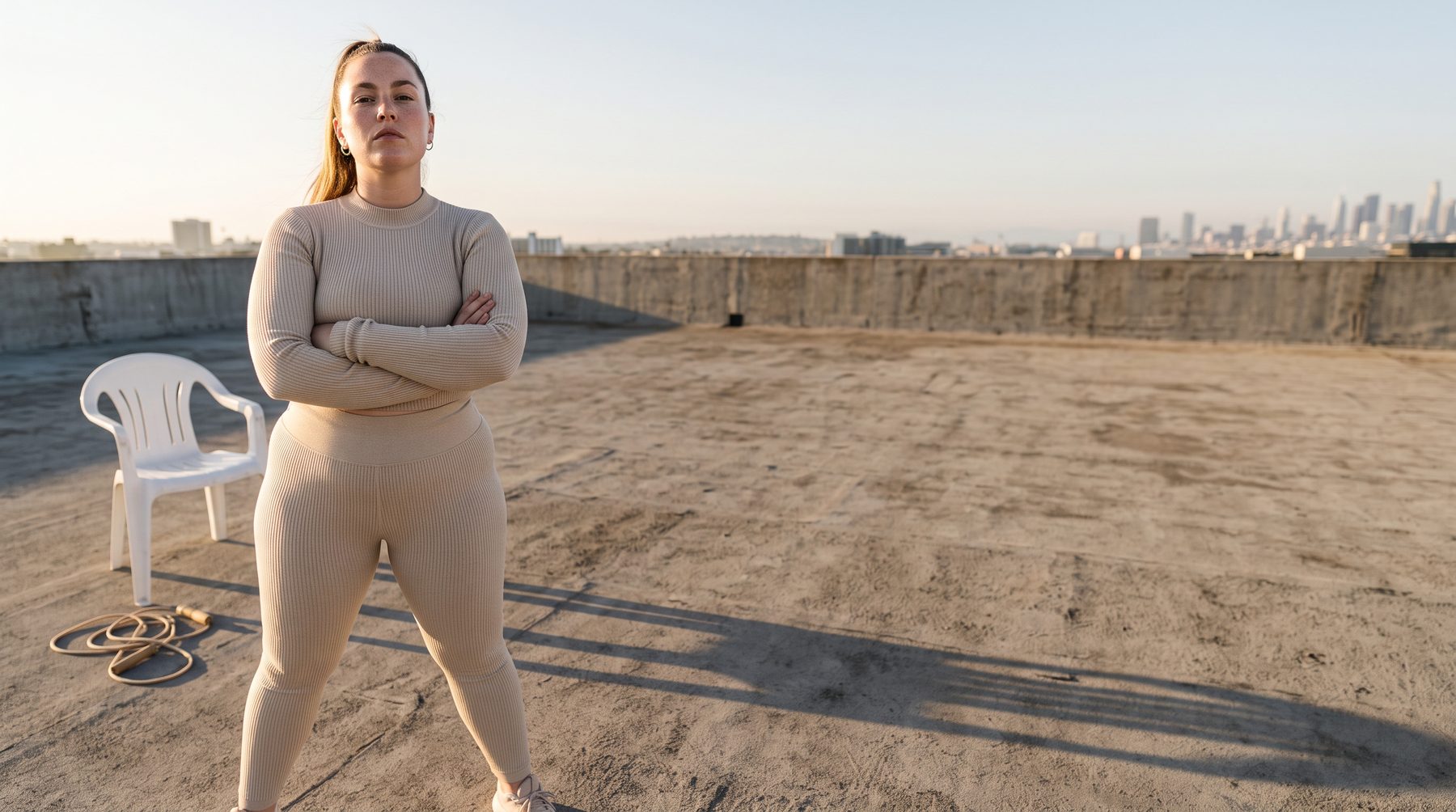 Beige ribbed athleisure set, rooftop